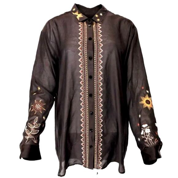 Johnny Was Tops - JOHNNY WAS Calme Brown Embroidered Oversized Tunic Shirt Silky Floral Boho Sz M